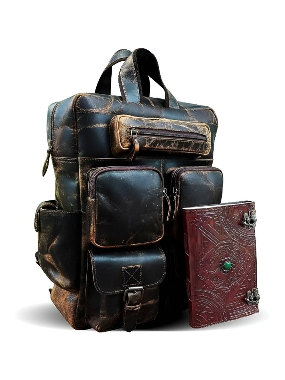 Buffalo Leather Backpack Multi Pockets Daypack Travel Laptop Bag for Men Women